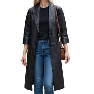 Preston By York Womens Black Genuine Leather Trench Coat Medium